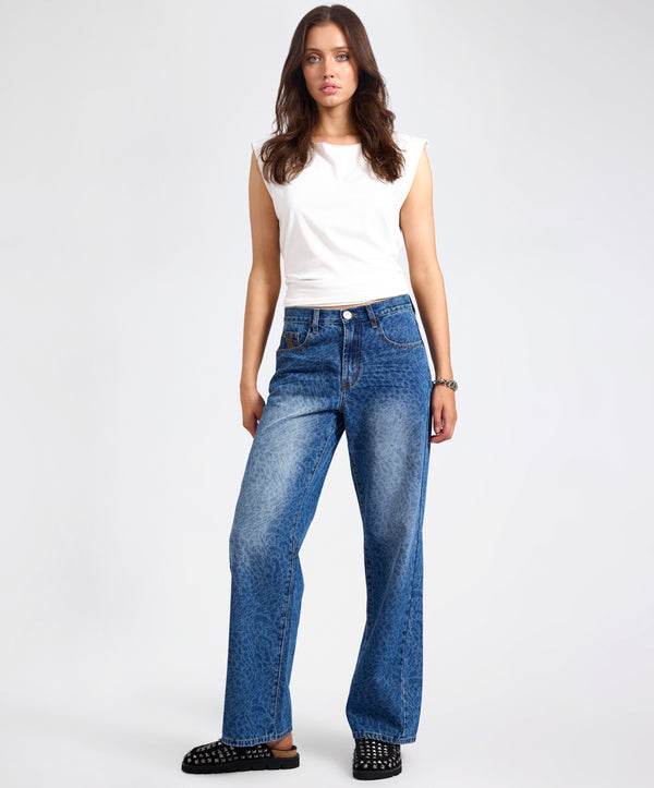 one teaspoon Jackson Mid Waist Wide Leg Denim Jeans - Blue Animal