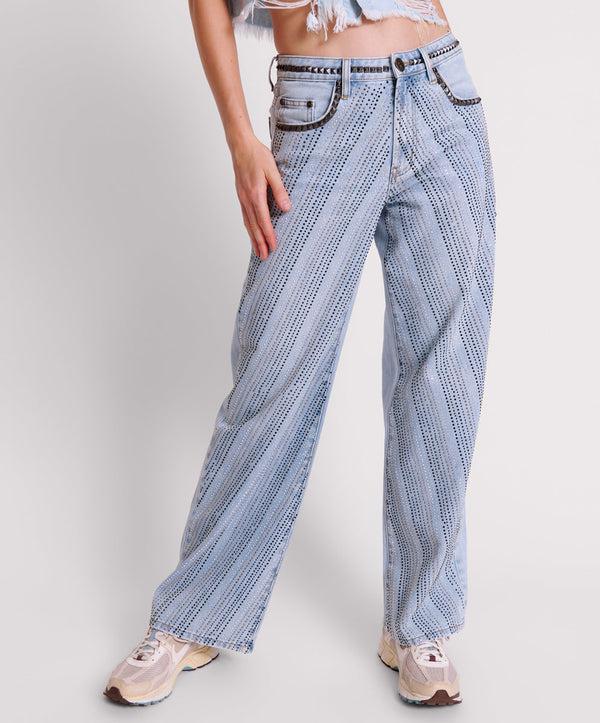 One Teaspoon Jackson Mid Waist Wide Leg Denim Jeans - Blue Latte