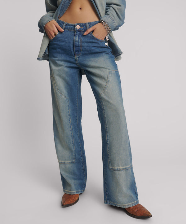 One Teaspoon Jackson Mid Waist Wide Leg Denim Jeans - Blue Ranch