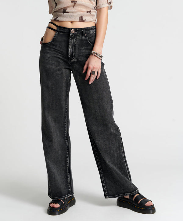 One Teaspoon Jackson Mid Waist Wide Leg Denim Jeans - Faded Black