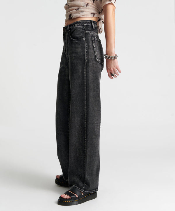 One Teaspoon Jackson Mid Waist Wide Leg Denim Jeans - Faded Black