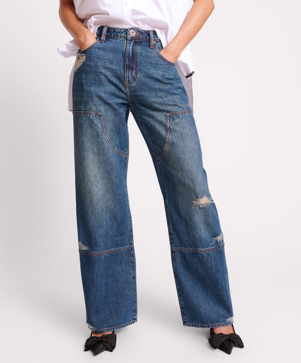 One Teaspoon Jackson Mid Waist Wide Leg Denim Jeans - Gritty Blue