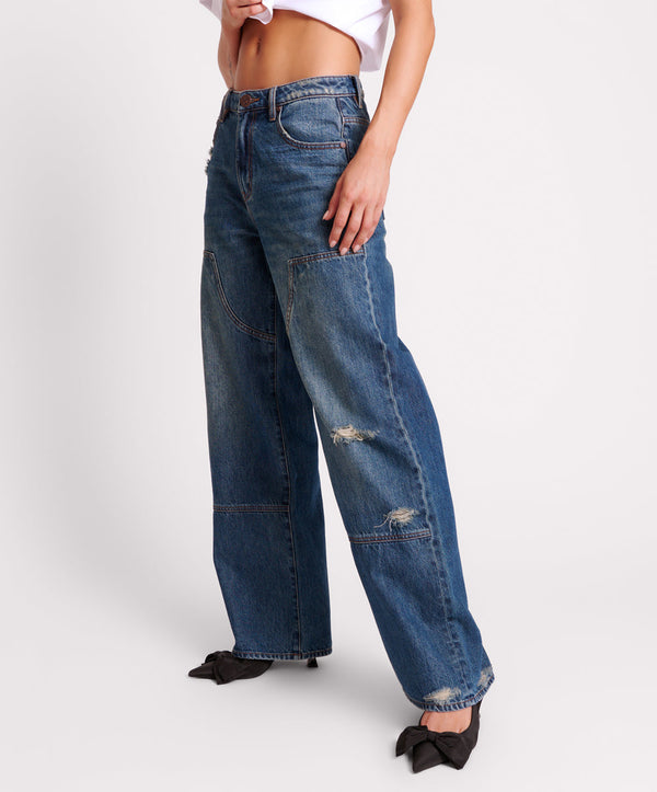 One Teaspoon Jackson Mid Waist Wide Leg Denim Jeans - Gritty Blue