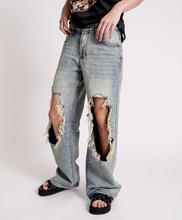 One Teaspoon Jackson Mid Waist Wide Leg Denim Jeans - Old Blue