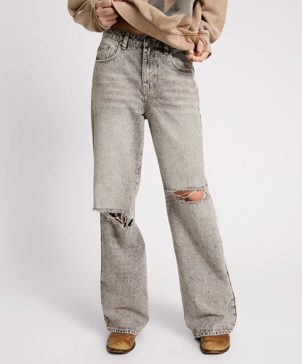 One Teaspoon Jackson Mid Waist Wide Leg Denim Jeans - Smoke