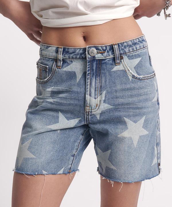 One Teaspoon Jackson Mid Waist Wide Leg Denim Shorts - Starwash Blue