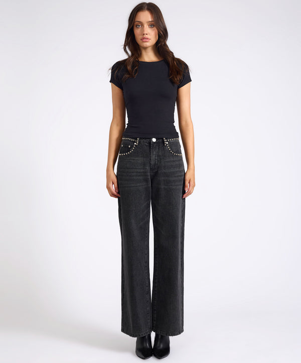 One Teaspoon Jackson Mid Waist Wide Leg Studded Denim Jeans - Black