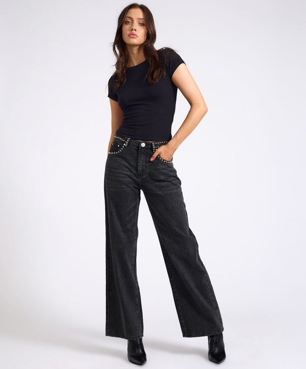 One Teaspoon Jackson Mid Waist Wide Leg Studded Denim Jeans - Black