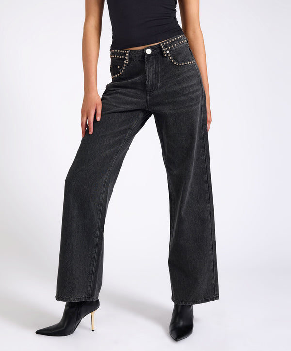 One Teaspoon Jackson Mid Waist Wide Leg Studded Denim Jeans - Black