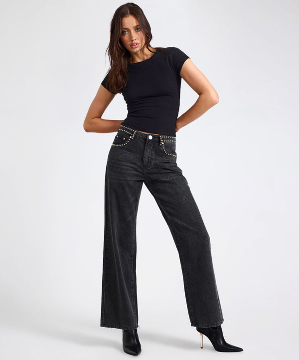 one teaspoon Jackson Mid Waist Wide Leg Studded Denim Jeans - Black