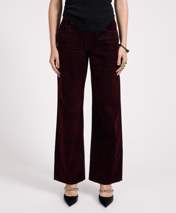 One Teaspoon Jackson Mid Waist Wide Leg Velvet Finish Denim Jeans - Flocked Maroon