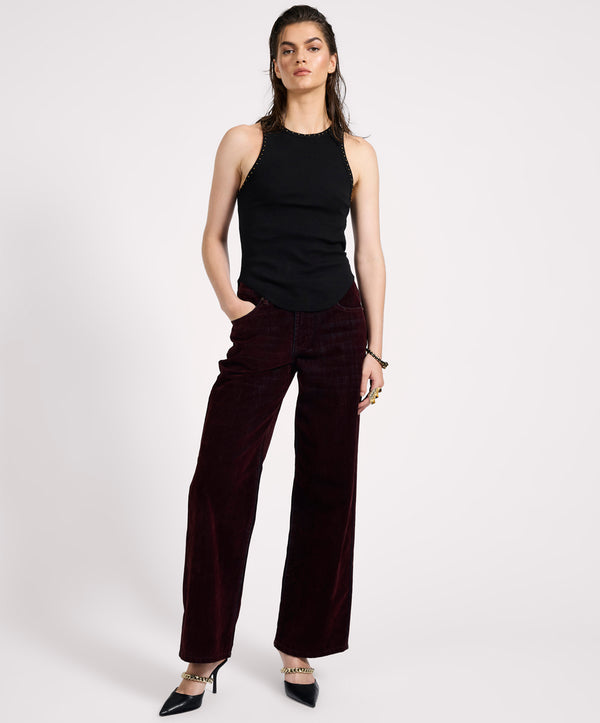 one teaspoon Jackson Mid Waist Wide Leg Velvet Finish Denim Jeans - Flocked Maroon