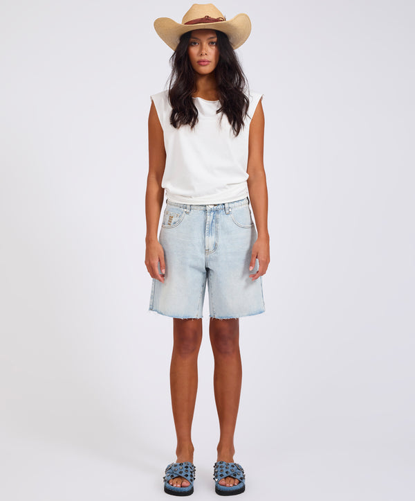 One Teaspoon Jacksons Mid Waist Wide Leg Denim Shorts - Blue Latte