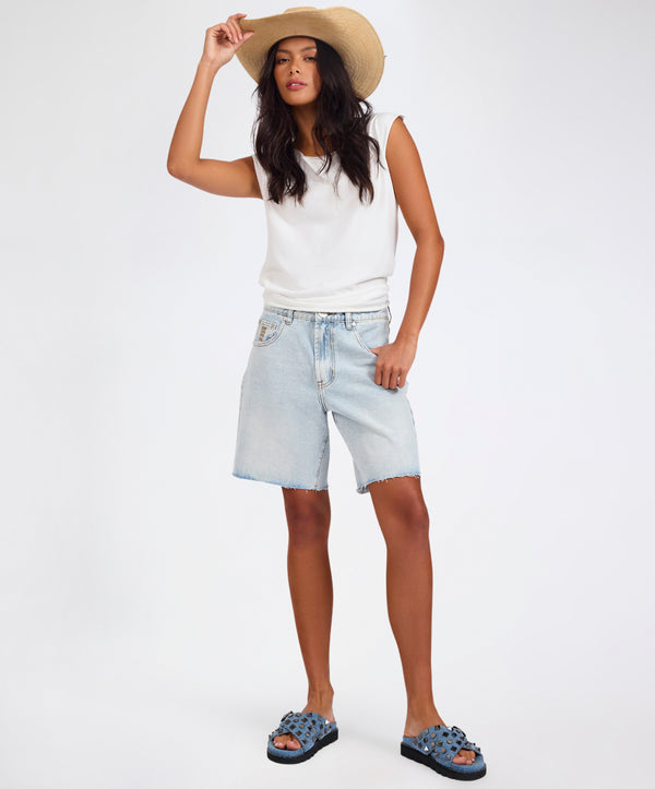 one teaspoon Jacksons Mid Waist Wide Leg Denim Shorts - Blue Latte