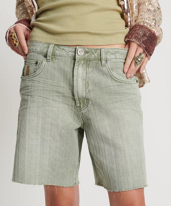 One Teaspoon Jacksons Mid Waist Wide Leg Denim Shorts - Khaki