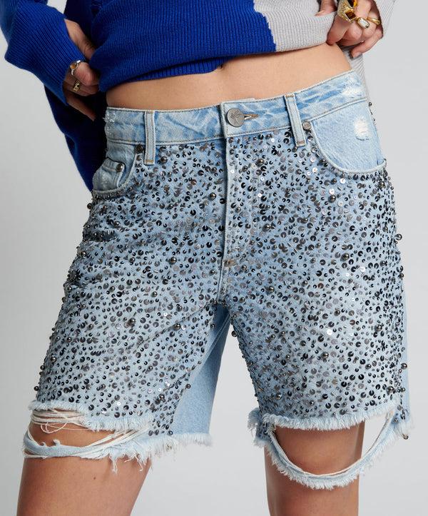 One Teaspoon Jacksons Mid Waist Wide Leg Denim Shorts - Vintage Blue