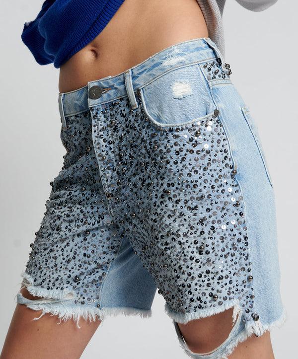 One Teaspoon Jacksons Mid Waist Wide Leg Denim Shorts - Vintage Blue