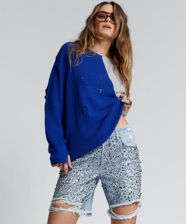 one teaspoon Jacksons Mid Waist Wide Leg Denim Shorts - Vintage Blue