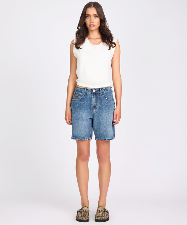 One Teaspoon Jacksons Mid Waist Wide Leg Denim Shorts - Westland Blue