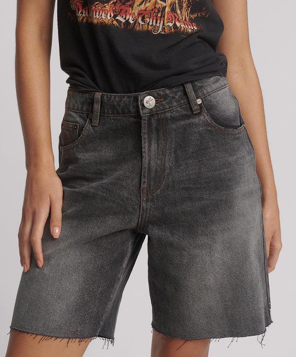 One Teaspoon Jacksons Mid Waist Wide Leg Denim Shorts - Worn Black