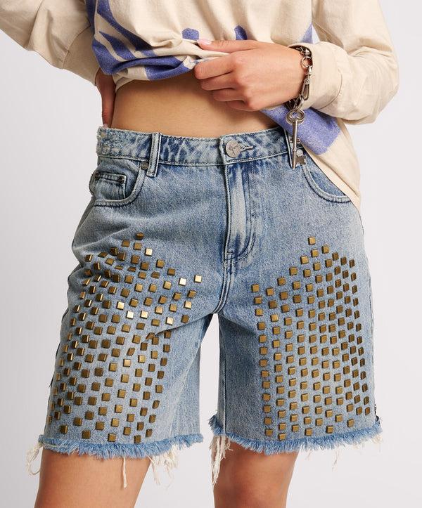 One Teaspoon Jacksons Mid Waist Wide Leg Studded Denim Shorts - Salty Dog