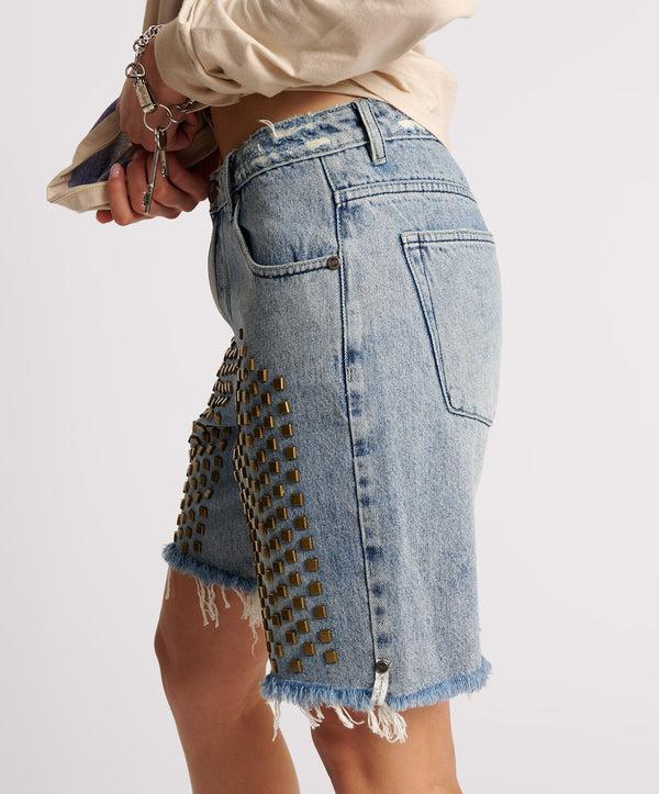 One Teaspoon Jacksons Mid Waist Wide Leg Studded Denim Shorts - Salty Dog