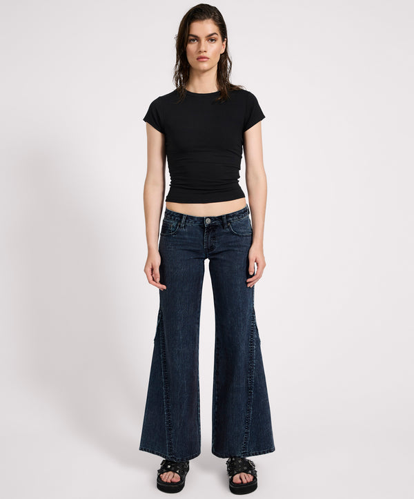 One Teaspoon Johnnies Low Waist Wide Leg Flared Denim Jeans - Indigo Blue