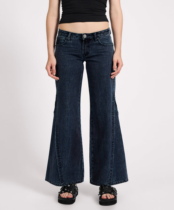 One Teaspoon Johnnies Low Waist Wide Leg Flared Denim Jeans - Indigo Blue