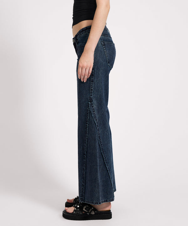One Teaspoon Johnnies Low Waist Wide Leg Flared Denim Jeans - Indigo Blue