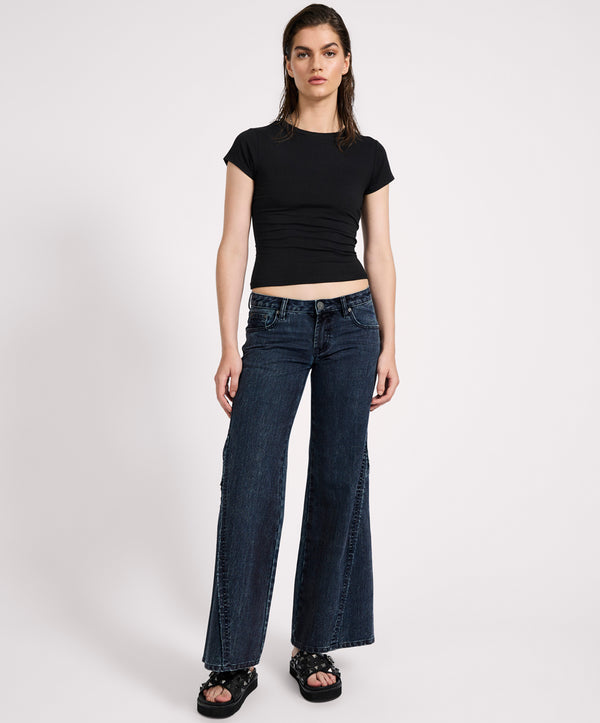 one teaspoon Johnnies Low Waist Wide Leg Flared Denim Jeans - Indigo Blue
