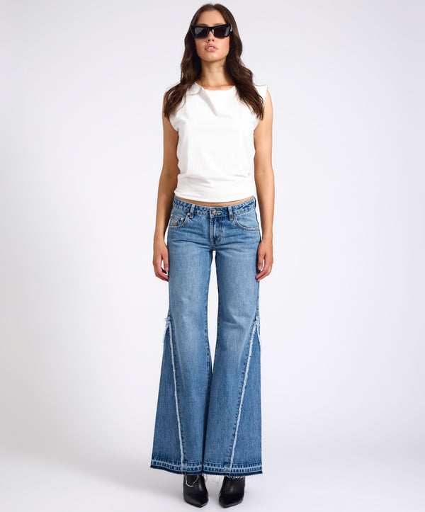 One Teaspoon Johnnies Low Waist Wide Leg Flared Denim Jeans - Pretty Blue