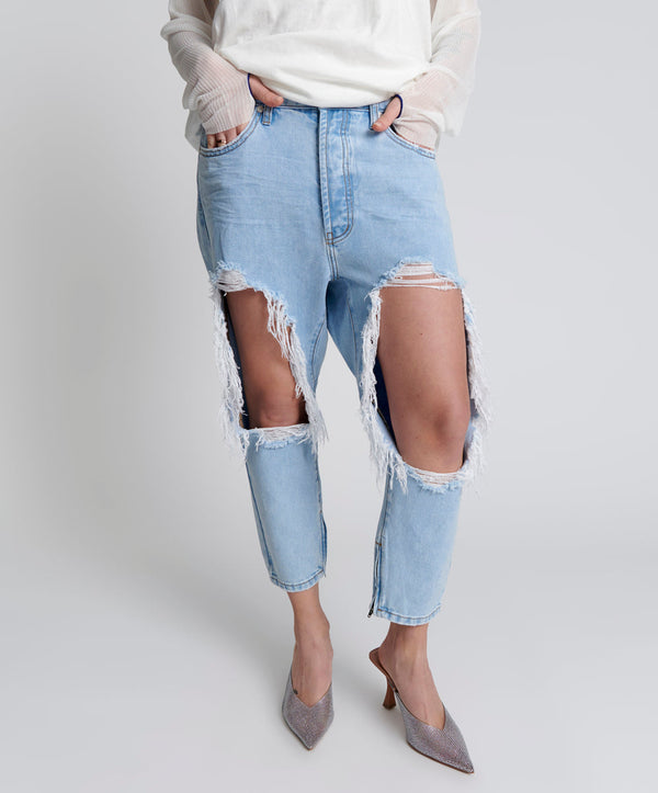 One Teaspoon Kingpins Low Waist Cropped Boyfriend Denim Jeans - Blue Latte