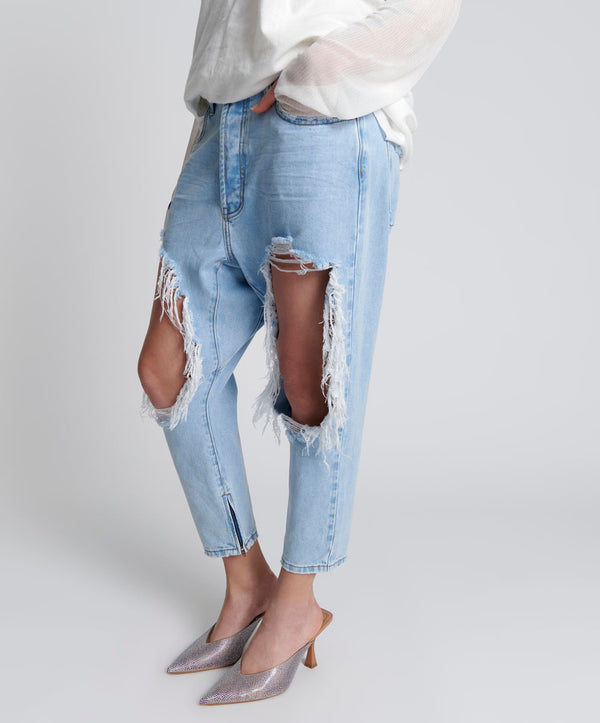 One Teaspoon Kingpins Low Waist Cropped Boyfriend Denim Jeans - Blue Latte