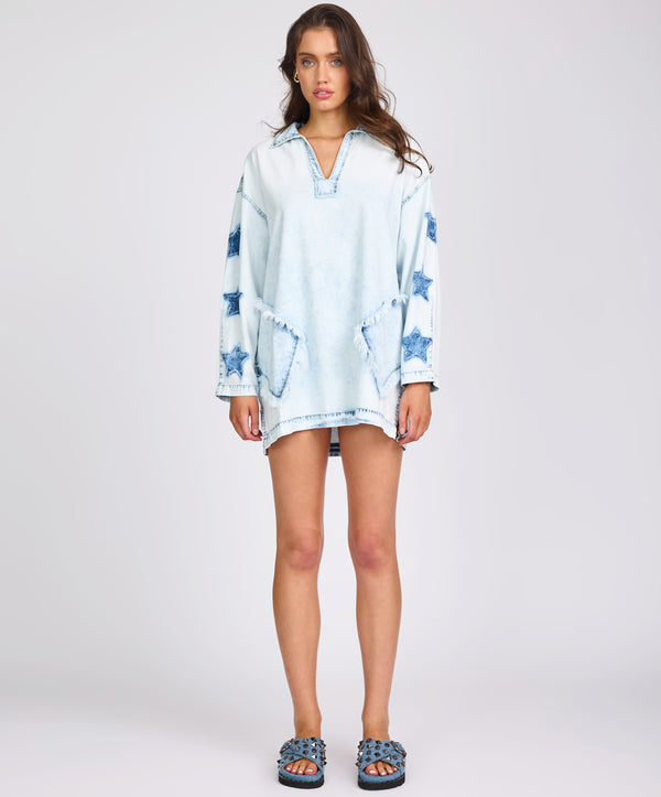 One Teaspoon Le Captain Star Pullover Denim Mini Shirt Dress - Depeche Blue