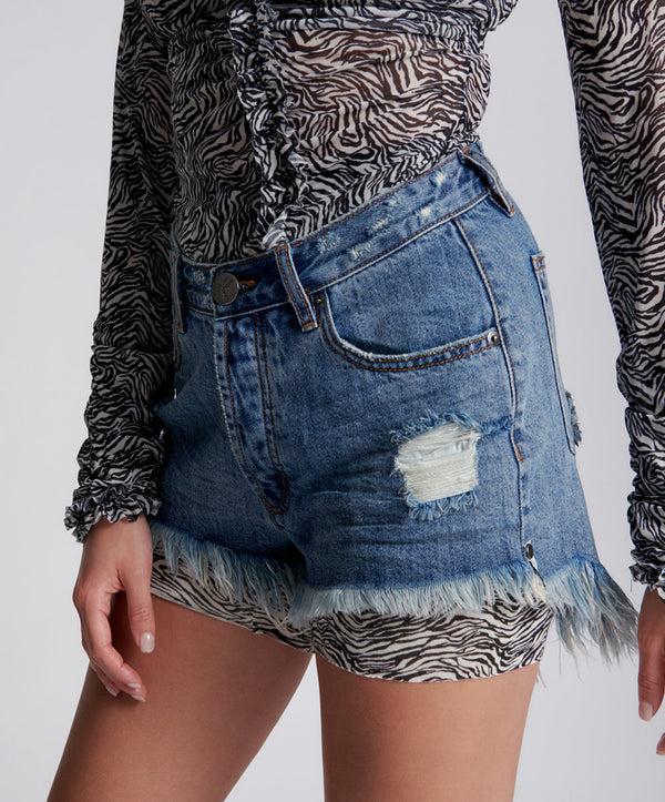 One Teaspoon Le Wolves Mid Waist Mid Length Denim Shorts - Johnny Blue