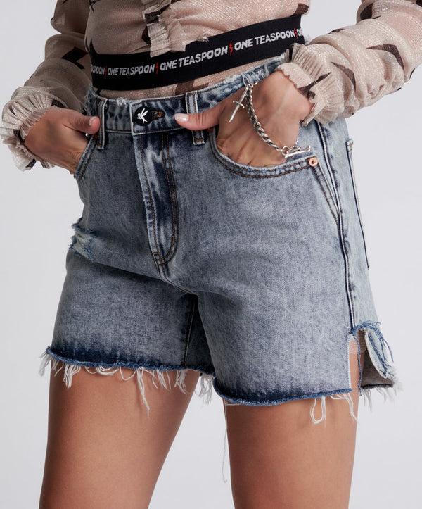 One Teaspoon Legends High Waist Mom Fit Denim Shorts - Blue Blossom