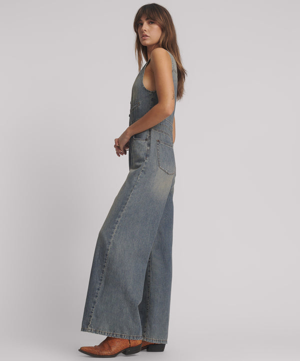 One Teaspoon Love Machine Sleeveless Wide Leg Fitted Denim Jumpsuit - Dirty Blue Love