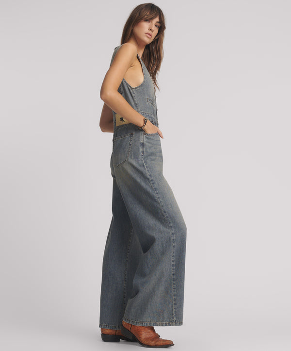 One Teaspoon Love Machine Sleeveless Wide Leg Fitted Denim Jumpsuit - Dirty Blue Love