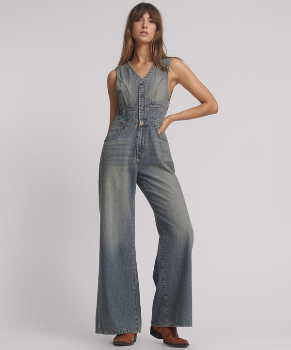 one teaspoon Love Machine Sleeveless Wide Leg Fitted Denim Jumpsuit - Dirty Blue Love
