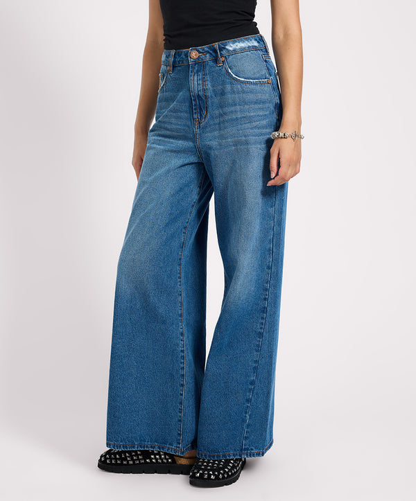 One Teaspoon Love Machines High Waist Super Wide Leg Denim Jeans - Pacifica