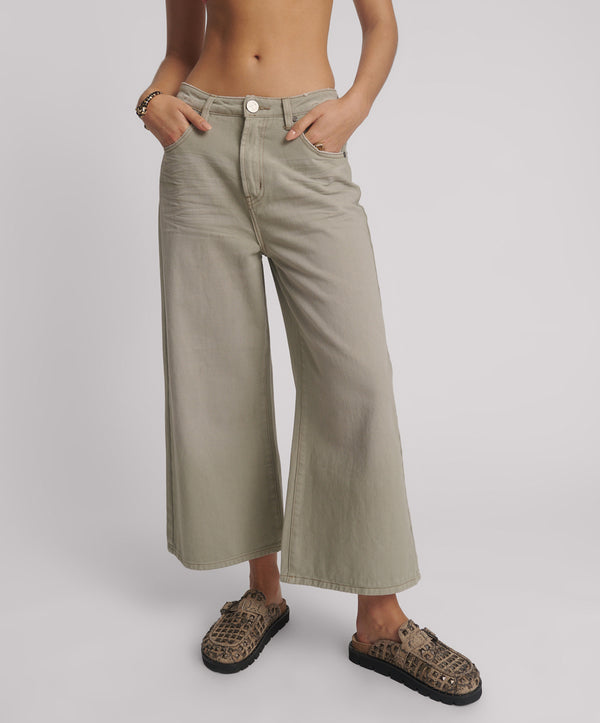 One Teaspoon Love Machines Mid Waist Super Wide Leg Cropped Denim Jeans - Faded Khaki