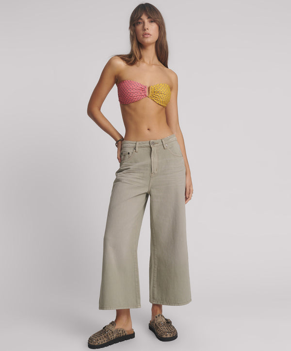 one teaspoon Love Machines Mid Waist Super Wide Leg Cropped Denim Jeans - Faded Khaki