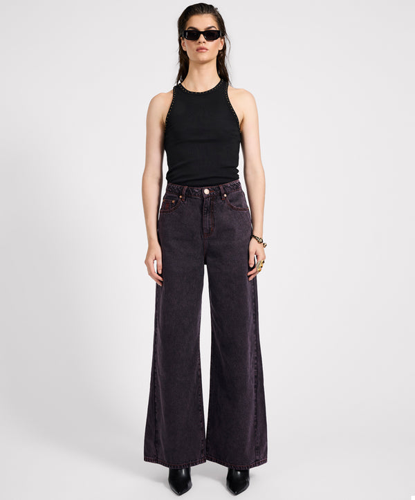 One Teaspoon Love Machines Mid Waist Super Wide Leg Denim Jeans - Black Pink