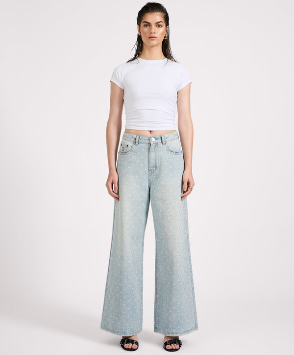 One Teaspoon Love Machines Mid Waist Super Wide Leg Denim Jeans - Blue Sparkle