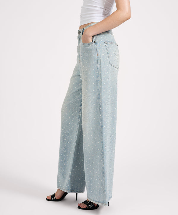 One Teaspoon Love Machines Mid Waist Super Wide Leg Denim Jeans - Blue Sparkle