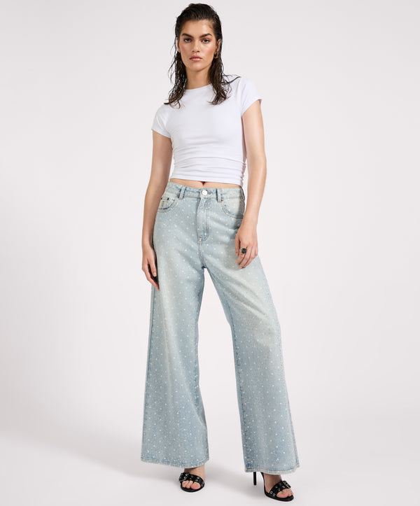 one teaspoon Love Machines Mid Waist Super Wide Leg Denim Jeans - Blue Sparkle