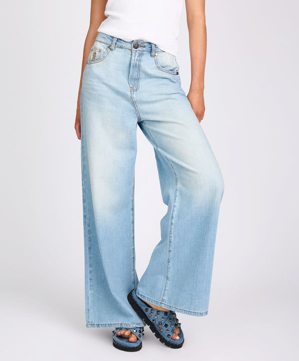 One Teaspoon Love Machines Mid Waist Super Wide Leg Denim Jeans - Cool Blue