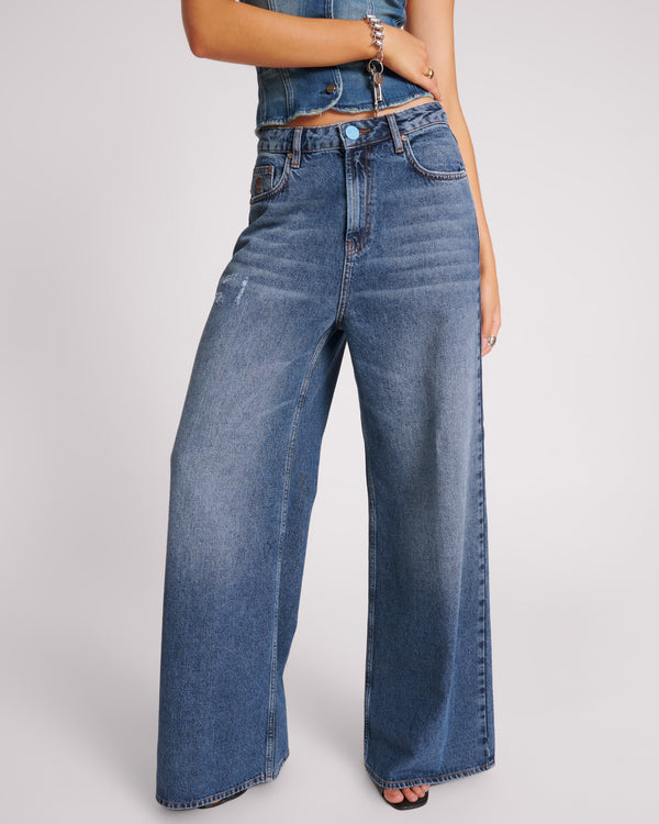 One Teaspoon Love Machines Mid Waist Super Wide Leg Denim Jeans - Blue Thunder