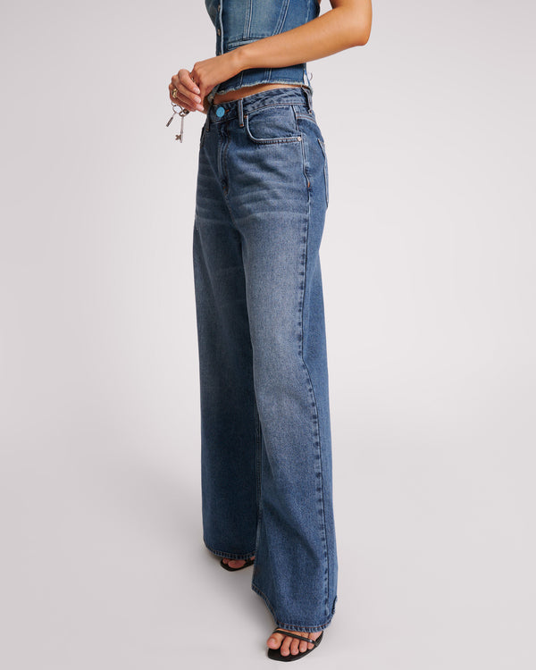 One Teaspoon Love Machines Mid Waist Super Wide Leg Denim Jeans - Blue Thunder
