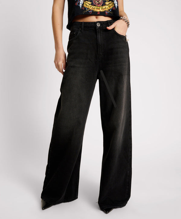 One Teaspoon Love Machines Mid Waist Super Wide Leg Denim Jeans - Washed Black